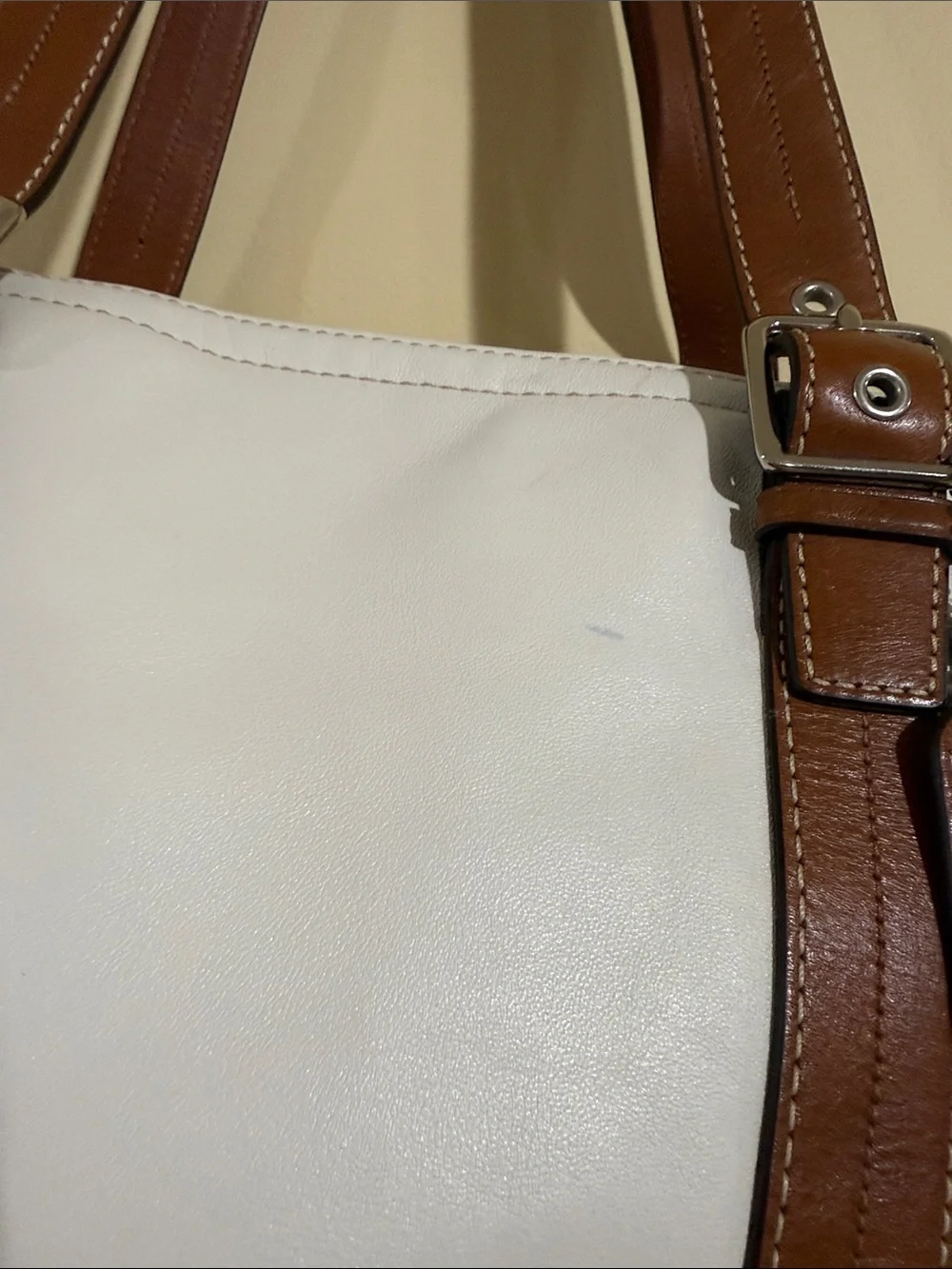 Coach White Leather Tote with Brown Trim and Straps Moms,work, Business Handbag